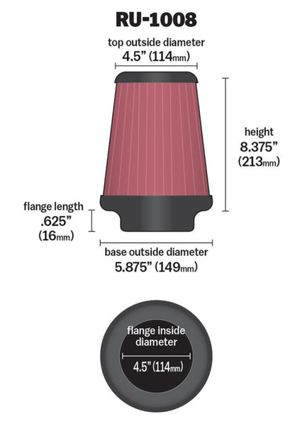 K&N Universal Clamp-On Air Filter 4-1/2in FLG / 5-7/8in B / 4-1/2in T / 8-3/8in H RU-1008