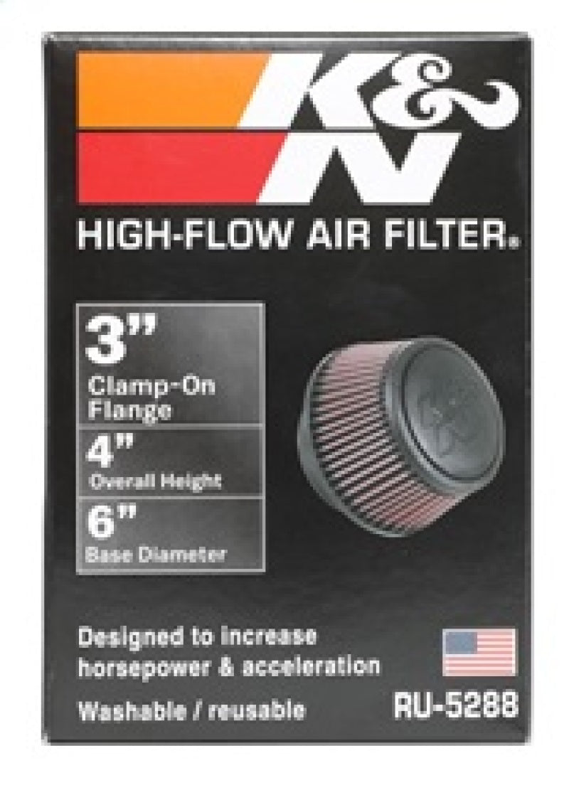 K&N Universal Round Clamp-On Air Filter 3in Flange ID x 6in Base OD x 4.625in Top OD x 3in Height RU-5288