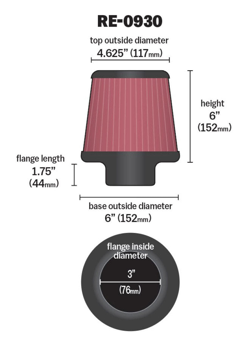 K&N Universal Rubber Filter - Round Tapered 6in Base OD x 3in Flange ID x 6in H RE-0930