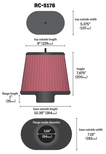 K&N Universal Air Filter - Oval Straight - 3.688in Flange ID x 10.25in Base O/S Length x 7.875in H RC-5178