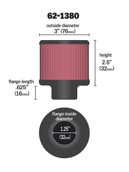 K&N 1.25in Flange ID x 3in OD x 2.5 inch H Rubber Base Crankcase Vent Filter 62-1380