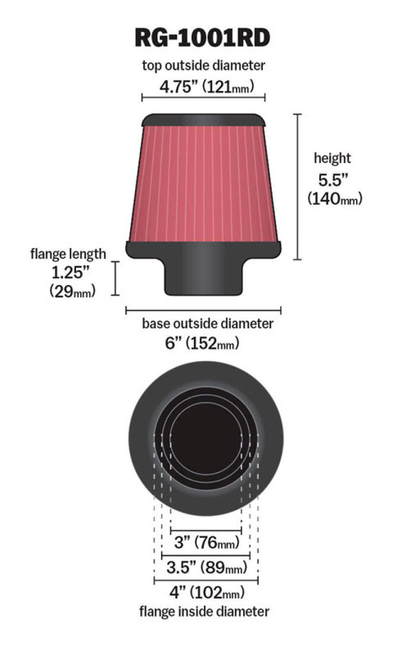 K&N Universal Air Filter Chrome Round Tapered Red - 4in Flange ID x 1.125in Flange Length x 5.5in H RG-1001RD