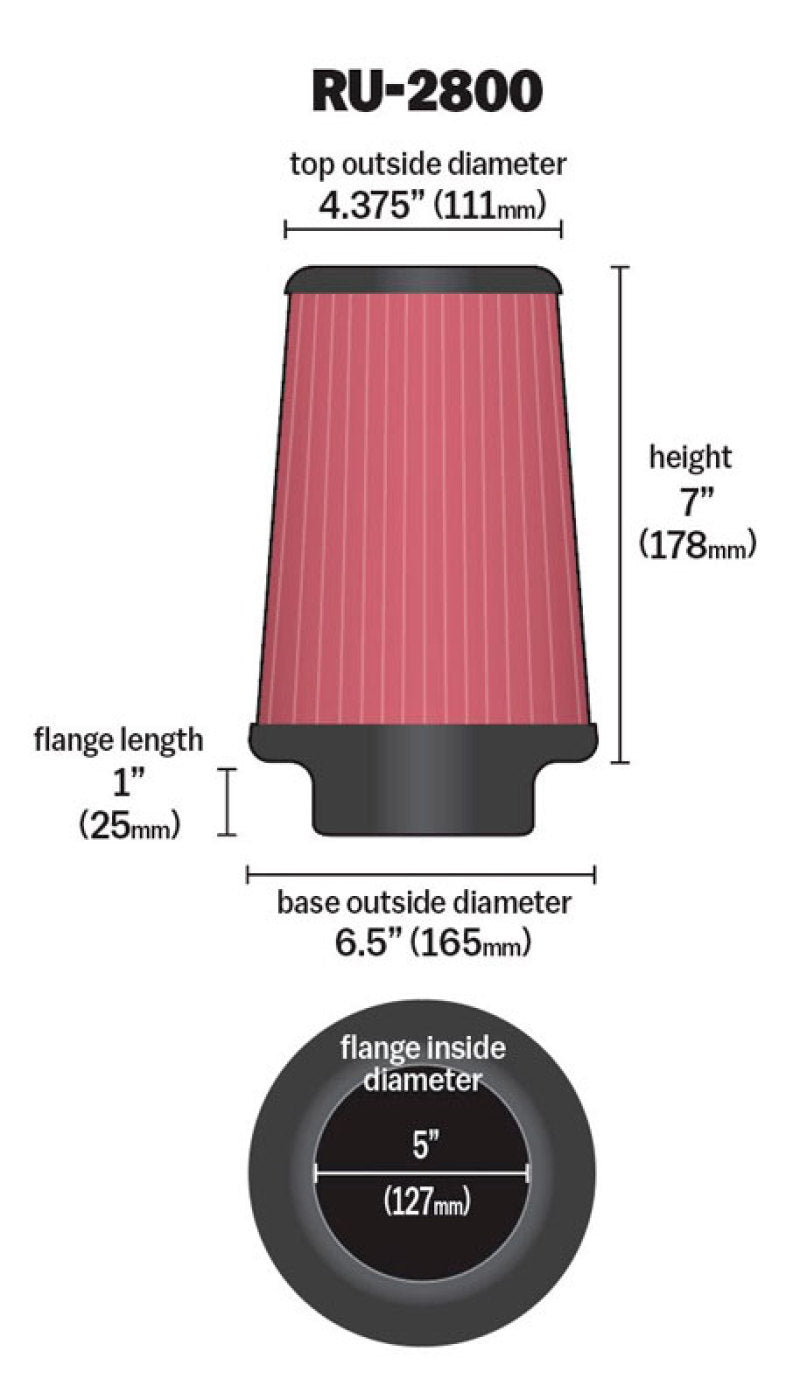 K&N Filter Universal Rubber Filter 5 inch Flange 6 1/2 inch Base 4 3/8 inch Top 7 inch Height RU-2800