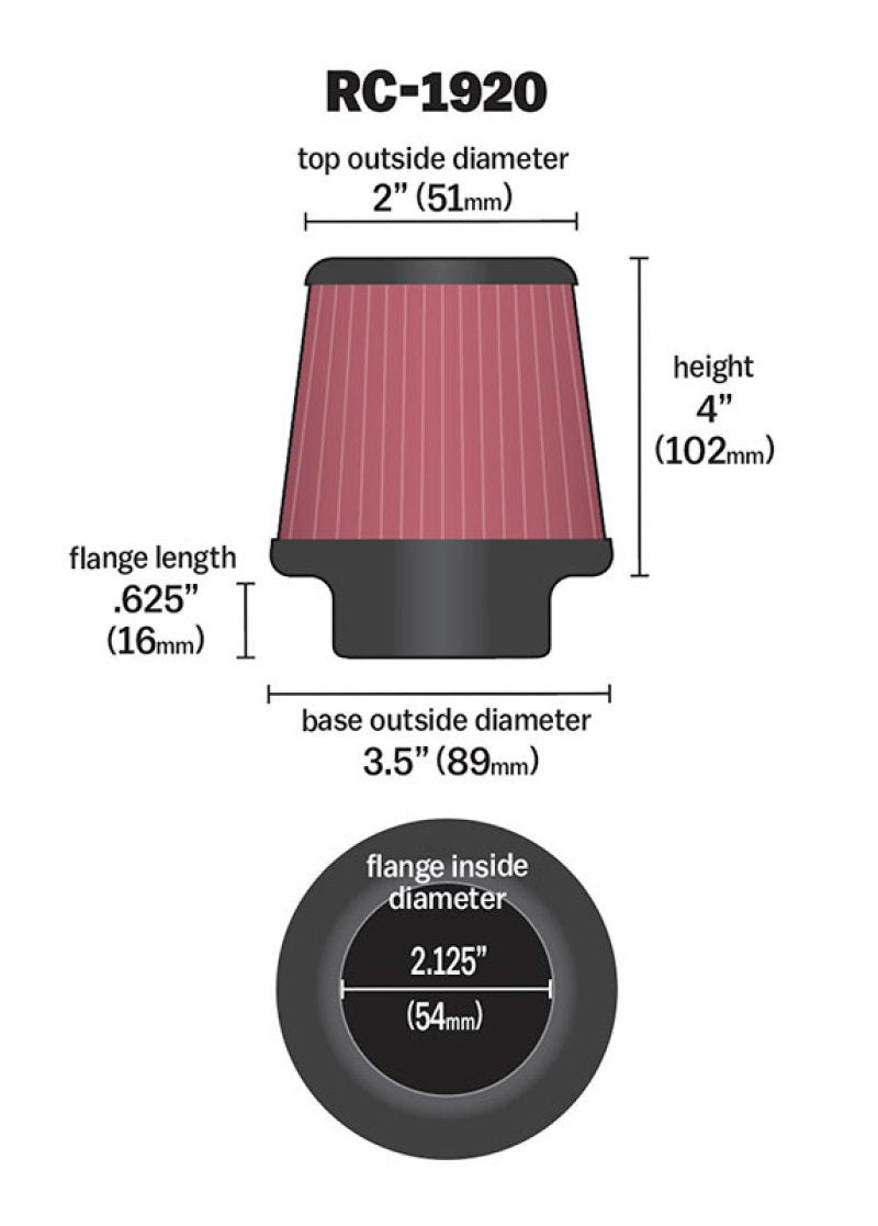 K&N Universal Clamp-On Air Filter 2-1/8in Flange 3-1/2in Base 2in Top 4in Height RC-1920