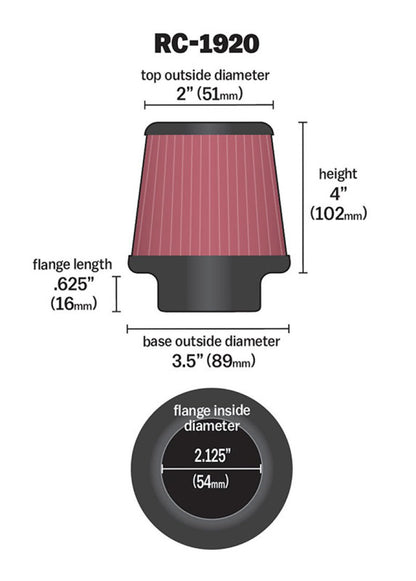 K&N Universal Clamp-On Air Filter 2-1/8in Flange 3-1/2in Base 2in Top 4in Height RC-1920