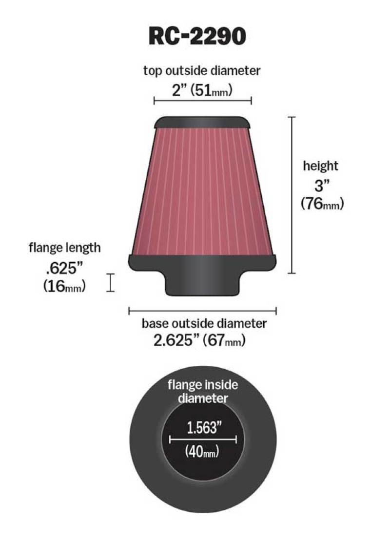 K&N Universal Chrome Filter 1 9/16 inch FLG / 2 5/8 inch Bottom / 2 inch Top / 3 inch Height RC-2290