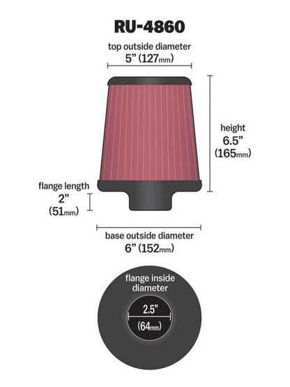 K&N Filter Universal Rubber Filter 2 1/2 inch Flange 6 inch Base 5 inch Top 6 1/2 inch Height RU-4860