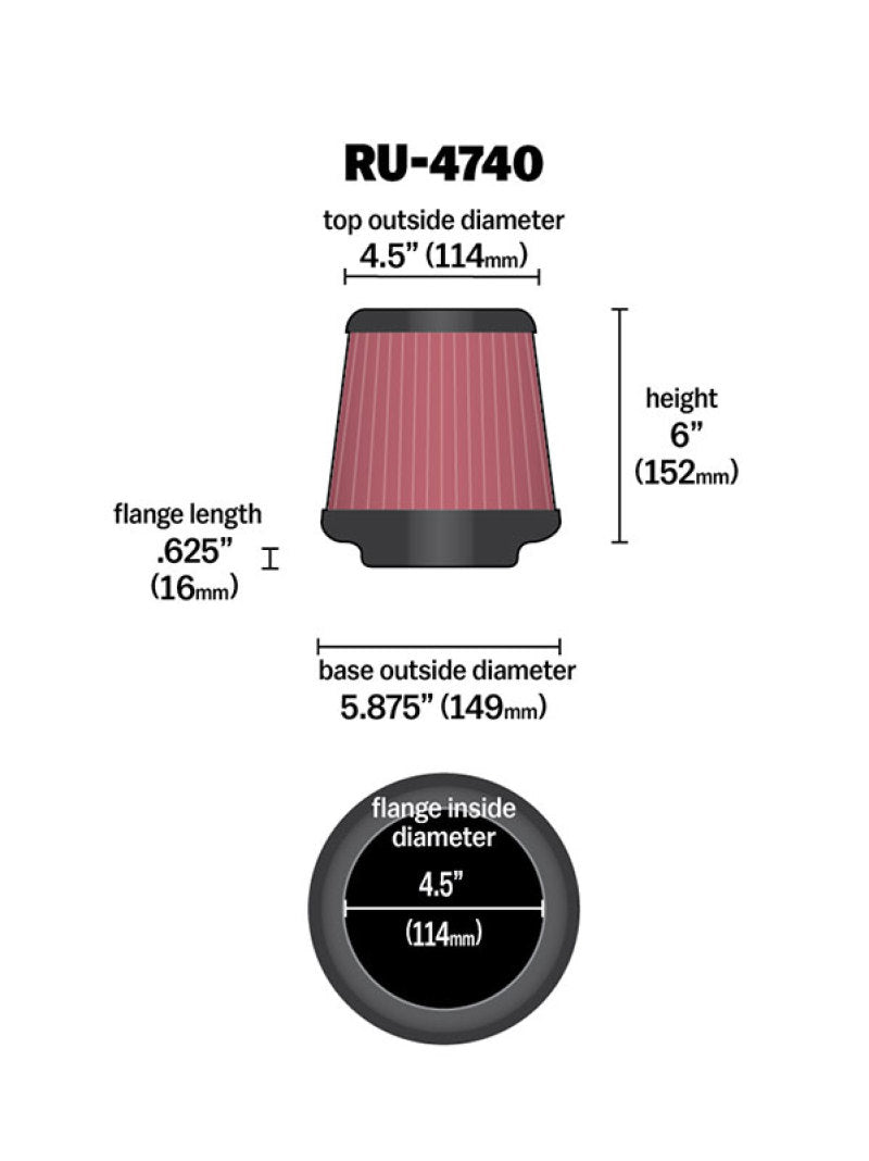 K&N Filter Universal Rubber Filter Round Tapered 4.5in  Flange 5.875in Base 4.5 inch Top 6in  Height RU-4740