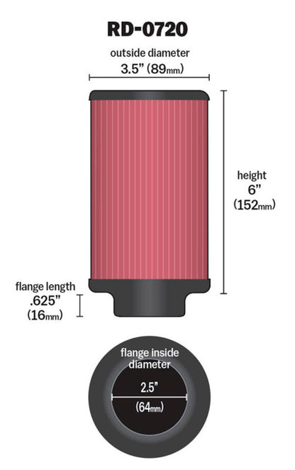 K&N Universal Rubber Filter 2.5in Flange ID x 3.5in OD x 6in Height RD-0720