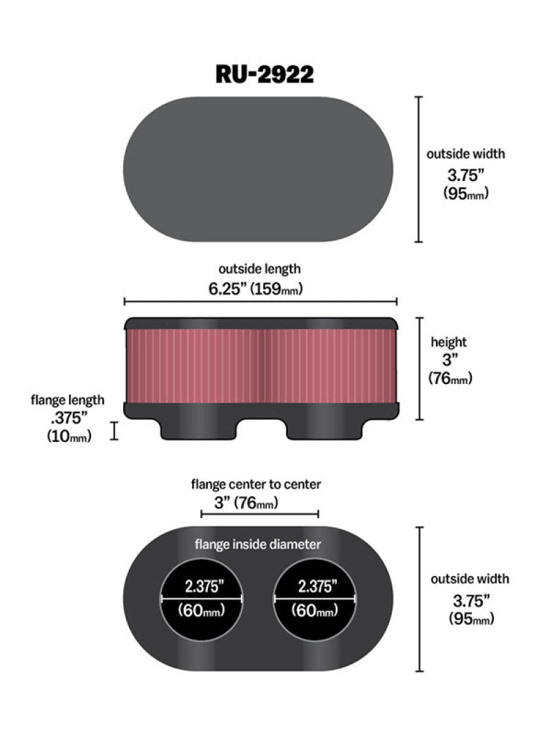 K&N Filter Universal Filter 2 3/4 inch Dual Flange GSXR Oval (2/Box) RU-2922