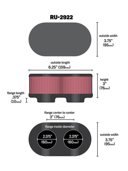 K&N Filter Universal Filter 2 3/4 inch Dual Flange GSXR Oval (2/Box) RU-2922