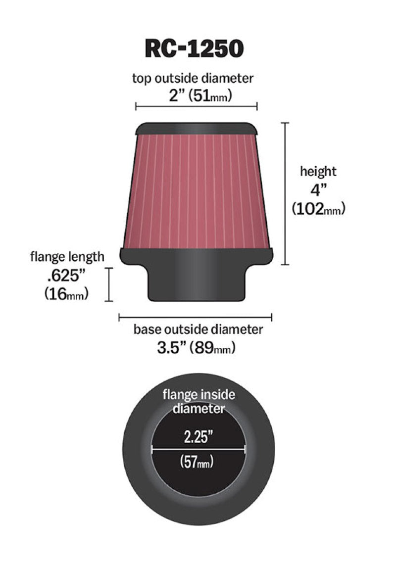 K&N Universal Chrome Filter 2.25 Inch Flange / 3.5 Inch Base / 2 Inch Top / 4 Inch Height RC-1250
