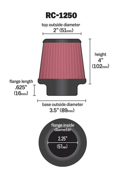 K&N Universal Chrome Filter 2.25 Inch Flange / 3.5 Inch Base / 2 Inch Top / 4 Inch Height RC-1250