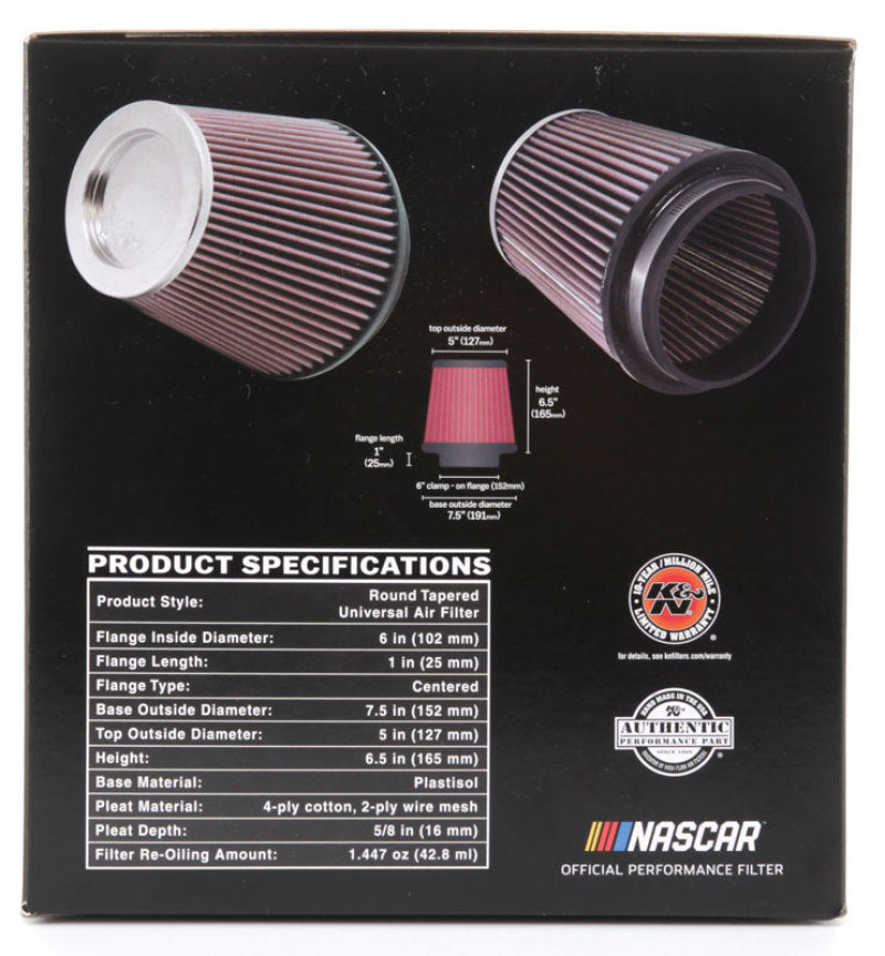 K&N Round Tapered Universal Air Filter 6in Flange ID x 7.5in Base OD x 5in Top OD x 6.5in Height RF-1042