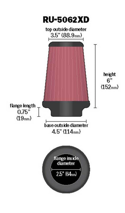 K&N Universal Rubber Filter 2-1/2in Flg / 4-1/2in OD B / 3-1/2in OD T / 6in H - Black Top RU-5062XD