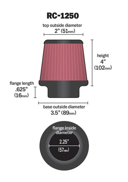 K&N Universal Chrome Filter 2.25 Inch Flange / 3.5 Inch Base / 2 Inch Top / 4 Inch Height RC-1250