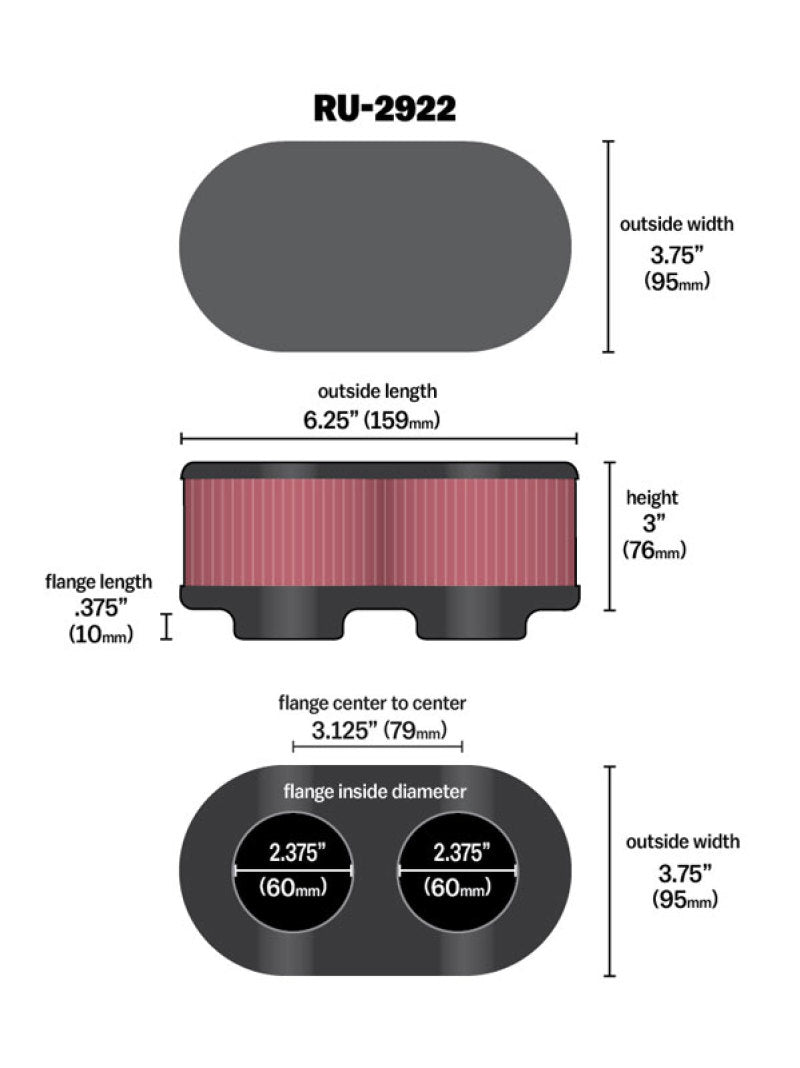 K&N Filter Universal Filter 2 3/4 inch Dual Flange GSXR Oval (2/Box) RU-2922