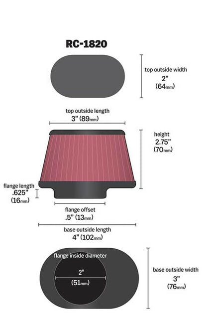 K&N Filter Universal Clamp-On Filter 2in Flange / 2-23/32in Base / 3in x 2in Top / 2-3/4in Height RC-1820