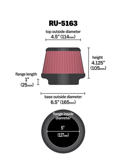 K&N Universal Rubber Filter 5in Flange ID x 6.5in Base OD x 4.5in Top OD x 4.125in Height RU-5163