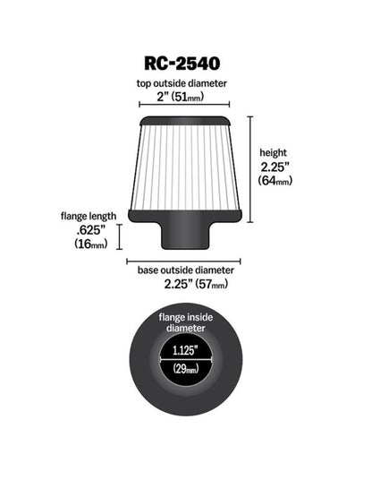 K&N Universal Chrome Filter 1 1/8 inch FLG / 2 1/4 inch Bottom / 2 inch Top / 2.5 inch Height RC-2540