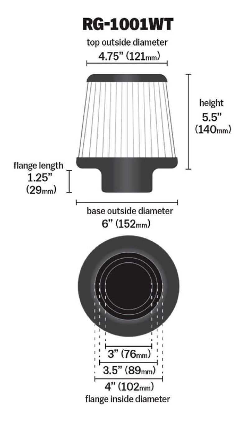 K&N Universal Filter Chrome Round Tapered White - 4in Flange ID x 1.125in Flange Length x 5.5in H RG-1001WT