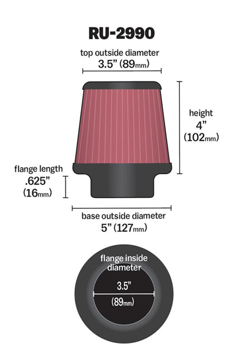 K&N Filter Universal Rubber Filter 3 1/2 inch Flange 5 inch Base 3 1/2 inch Top 4 inch Height RU-2990