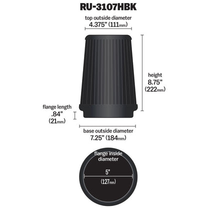 K&N Universal Air Filter (5in Flange / 6-1/2in Base / 4-3/8in Top OD / 8-3/4in Height) RU-3107HBK