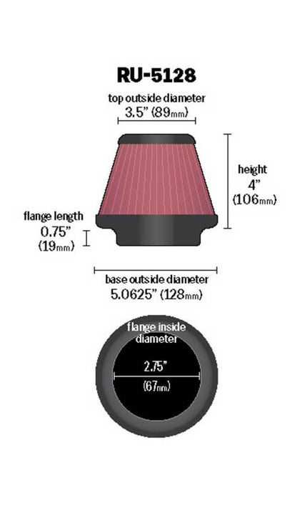 K&N Universal Tapered Filter 2.75in Flange ID x 5.0625in Base OD x 3.5in Top OD x 4in Height RU-5128