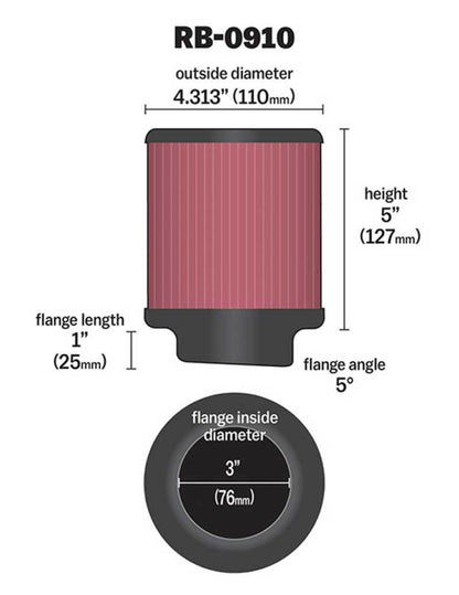 K&N Universal Rubber Filter 3 inch 5 Degree FLG 4 1/2 inch OD 5 inch Height RB-0910
