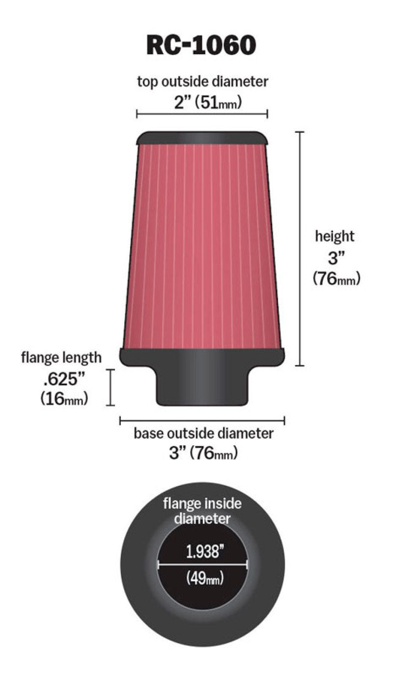 K&N Universal Chrome Filter 1 15/16 inch FLG / 3 inch Base / 2 inch Top / 3 inch Height RC-1060