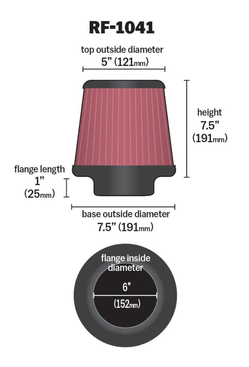 K&N Round Tapered Universal Air Filter 6 inch Flange 7 1/2 inch Base 5 inch Top 7 1/2 inch Height RF-1041