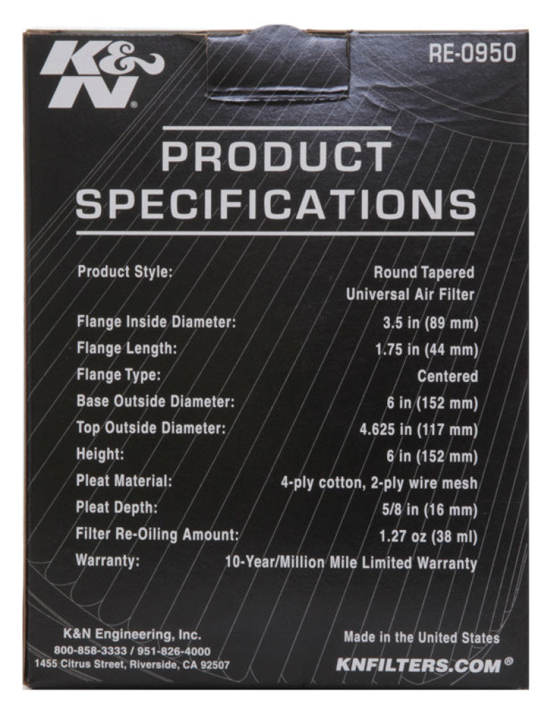 K&N Universal Rubber Filter 3 1/2inch ID FLG / 6inch Base / 4-5/8inch Top / 6inch Height RE-0950