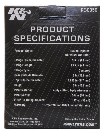 K&N Universal Rubber Filter 3 1/2inch ID FLG / 6inch Base / 4-5/8inch Top / 6inch Height RE-0950