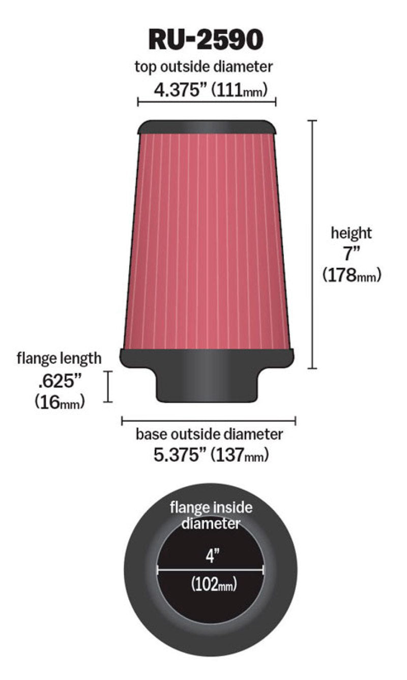 K&N Filter Universal Rubber Filter 4 inch Flange 5 3/8 inch Base 4 3/8 inch Top 7 inch Height RU-2590