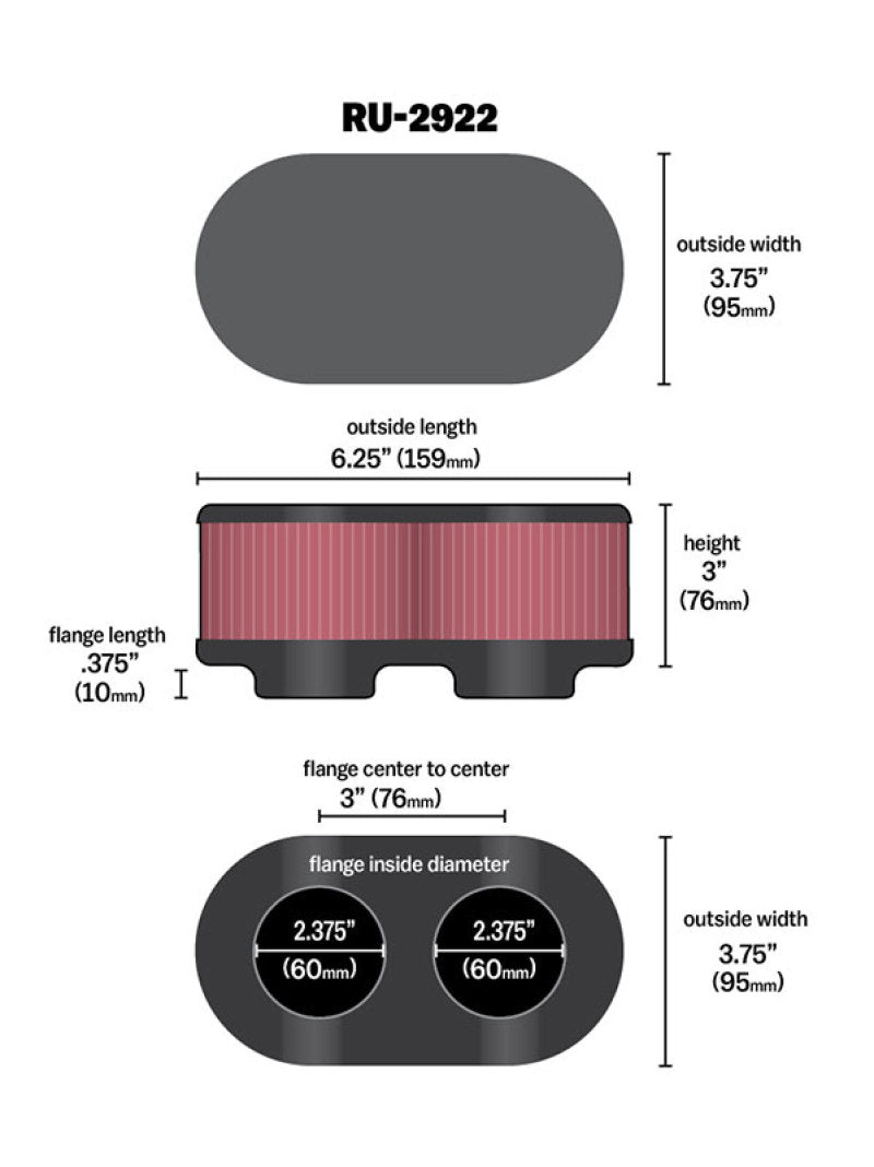 K&N Filter Universal Filter 2 3/4 inch Dual Flange GSXR Oval (2/Box) RU-2922