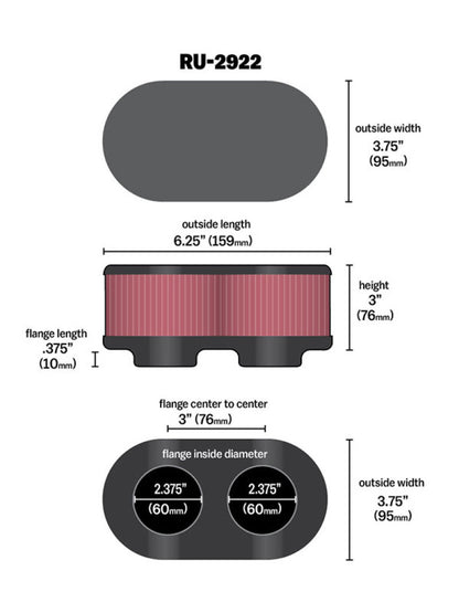 K&N Filter Universal Filter 2 3/4 inch Dual Flange GSXR Oval (2/Box) RU-2922