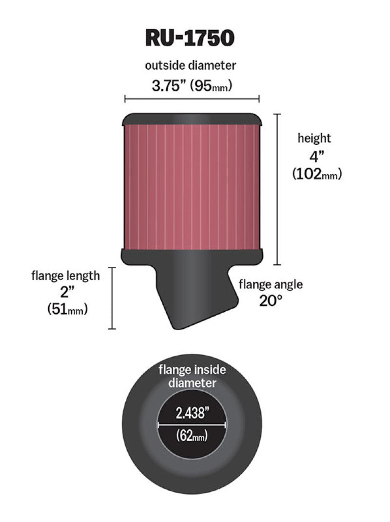 K&N Filter Universal Rubber Round Straight Filter 20 Deg Angled 2-7/16in Flange 3-3/4in OD 4in H RU-1750