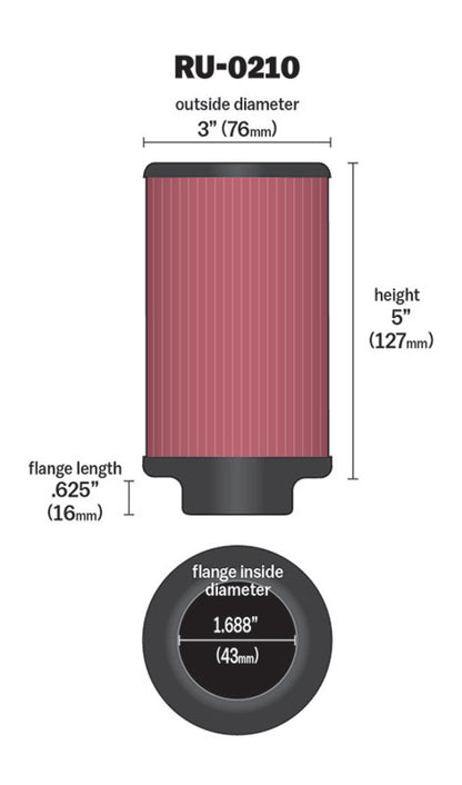 K&N Filter Universal Rubber Filter 1-11/16in FLG / 3in OD / 5in Height RU-0210