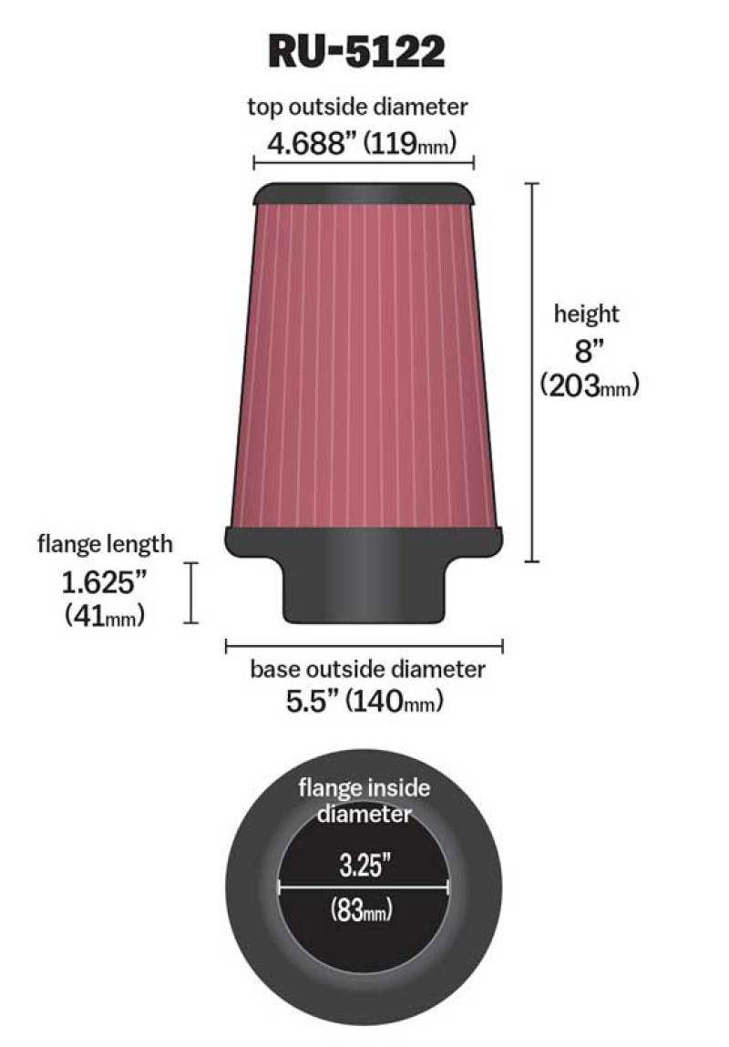 K&N Filter Universal Rubber Filter 3.25  Flange 5.5 Base 4.6875 Top 8 Height RU-5122