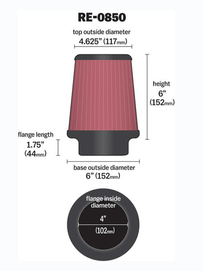 K&N Universal Air Filter (4in. Flange / 6in. Base OD / 4-5/8in. Top OD / 6in. Height) RE-0850
