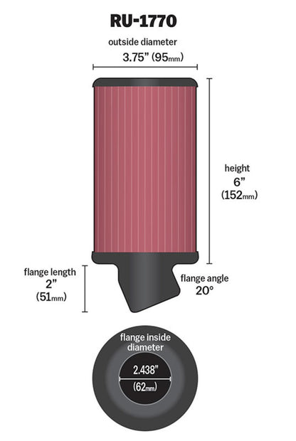 K&N Filter Universal Rubber Filter 2 7/16 inch 20 Degree Flange 3 3/4 inch OD 6 inch Height RU-1770