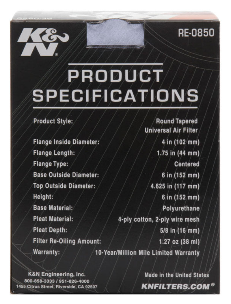 K&N Universal Air Filter (4in. Flange / 6in. Base OD / 4-5/8in. Top OD / 6in. Height) RE-0850