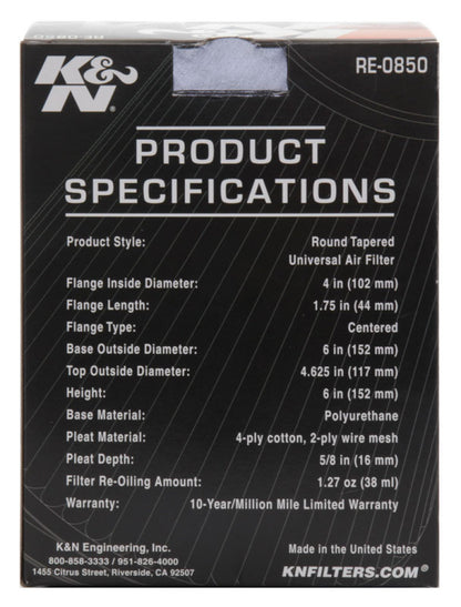 K&N Universal Air Filter (4in. Flange / 6in. Base OD / 4-5/8in. Top OD / 6in. Height) RE-0850