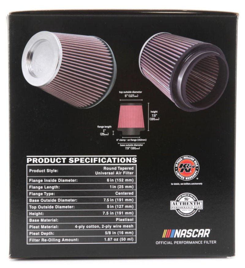 K&N Round Tapered Universal Air Filter 6 inch Flange 7 1/2 inch Base 5 inch Top 7 1/2 inch Height RF-1041