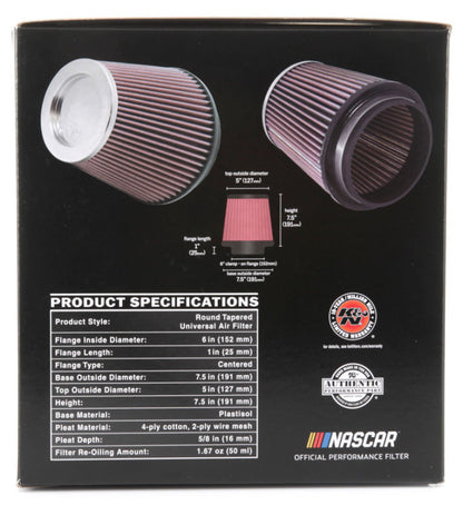 K&N Round Tapered Universal Air Filter 6 inch Flange 7 1/2 inch Base 5 inch Top 7 1/2 inch Height RF-1041