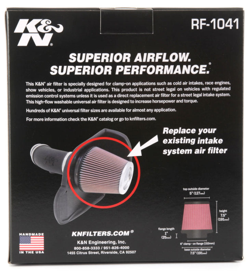K&N Round Tapered Universal Air Filter 6 inch Flange 7 1/2 inch Base 5 inch Top 7 1/2 inch Height RF-1041