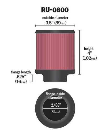 K&N Universal Air Filter - 2-7/16in Flange x 3-1/2in OD x 4in Height RU-0800