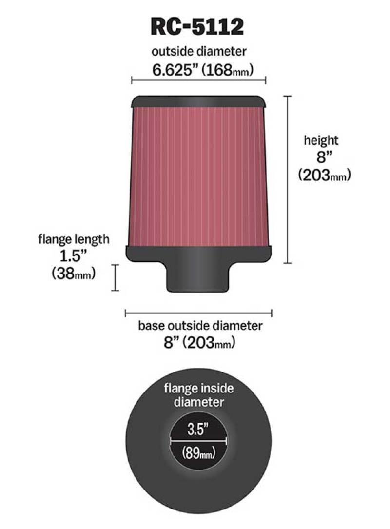 K&N Filter Universal Rubber Filter 3.5in Flange 6.625in Top 8in Height Center Hole RC-5112