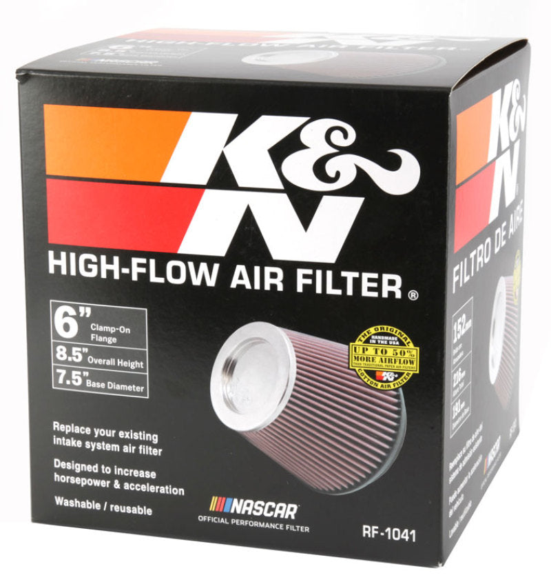 K&N Round Tapered Universal Air Filter 6 inch Flange 7 1/2 inch Base 5 inch Top 7 1/2 inch Height RF-1041