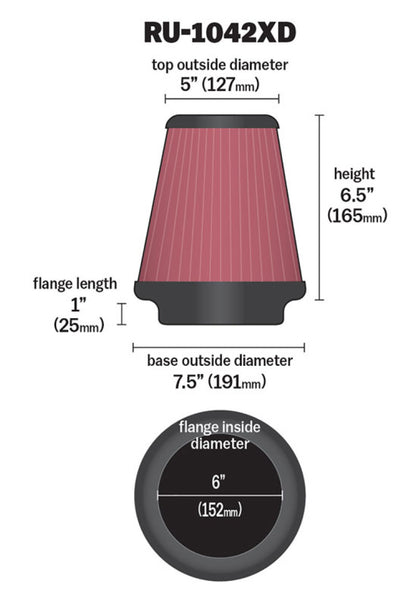 K&N Universal Clamp-On Air Filter 6in FLG / 7-1/2in B / 5in T / 6-1/2in H RU-1042XD